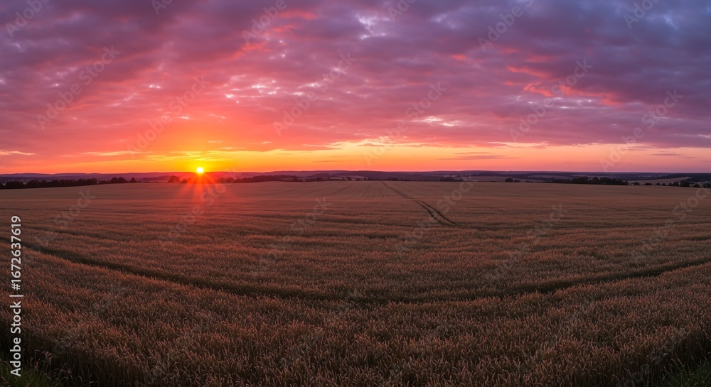 Obraz premium A field of wheat showing a panoramic view of a golden wheat field under a dramatic sunset
