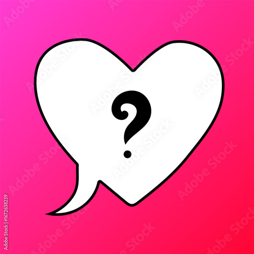 Love question mark in speech bubble heart. Vector illustration symbolizing romantic doubts, relationship mysteries, emotional uncertainty and unanswered feelings. Perfect for creative projects.
