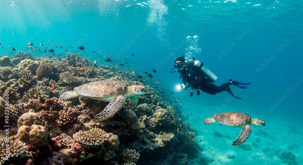 Fototapeta premium A person swimming in the ocean with a turtle showing a scuba diver exploring an underwater coral reef with colorful fish and sea turtles