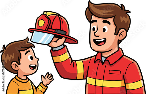 Inspiring cartoon illustration of a smiling firefighter placing a red helmet on a young boy's head, fostering dreams of heroism and safety