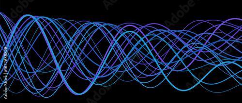 Dynamic waveforms on black background: vibrant blue and purple lines in motion.