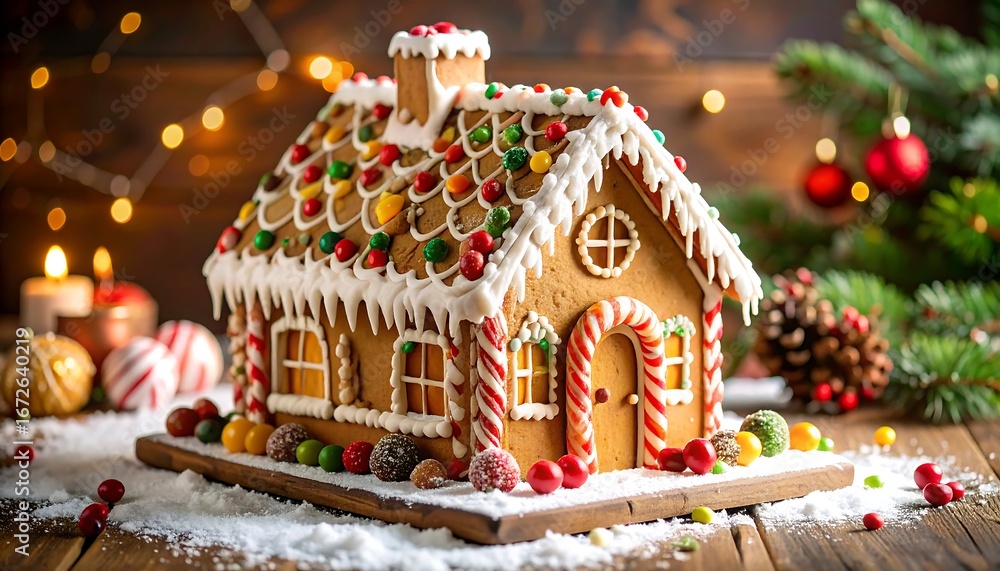 Naklejka premium Festive Gingerbread House with Christmas Decorations.