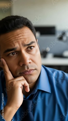 Concerned businessman thinking deeply in the office. Stressed middle-aged professional man contemplating a problem at work.