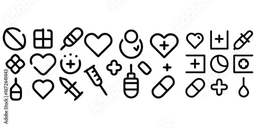 A set of romantic vector icons for web design featuring a red heart symbol and a medical cross