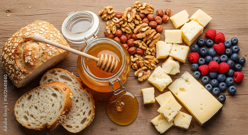 Fototapeta premium Rustic breakfast with bread, cheese, nuts, and honey jar, styled as a flat lay on wooden surface. 
