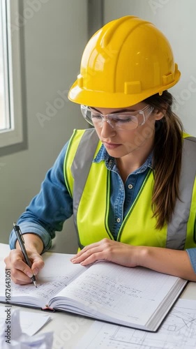 Focused female engineer in a hard hat and safety vest writing in a notebook. Young woman architect working on plans at a construction site office.