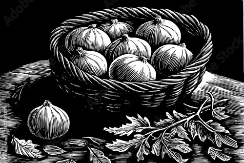 basket filled with onions and leafy sprigs, rustic organic arrangement, charming natural still life, black and white sketch