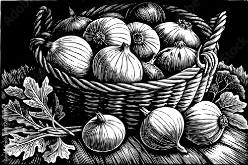 basket filled with onions and leafy sprigs, rustic organic arrangement, charming natural still life, black and white sketch
