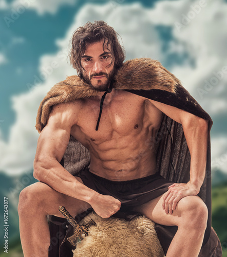 Foto A muscular warrior sits confidently on a sheep in a lush landscape, wearing a fur cloak