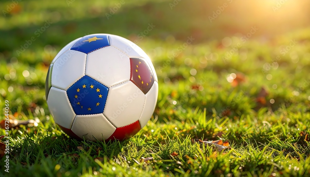 Fototapeta premium Soccer ball on green grass field at sunset with warm light.