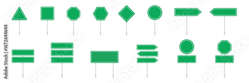 Green road sign collection. Flat style. Modern graphic elements set.