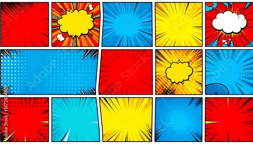 Dynamic comic book strip background with vibrant colors and halftone effect
