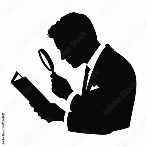 Professional man's silhouette meticulously examining documents with a magnifying glass, focused and analytical at work