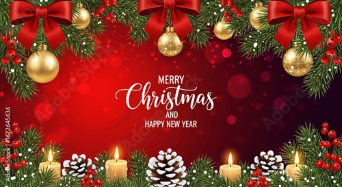 Festive holiday greeting background with glowing candles, red bows, golden baubles, and fir branches on a sparkling red backdrop vector illustration