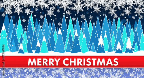 Festive winter forest scene with stylized blue and teal pine trees and falling snowflakes, creating a beautiful seasonal greeting card background vector illustration