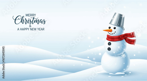 Merry Christmas and Happy New Year snowman greeting card with snowy landscape vector illustration