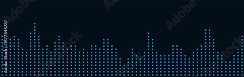 Futuristic digital skyline on dark background with blue rectangles.