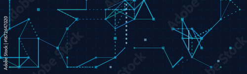 Dynamic vector tech background with abstract geometric lines and shapes.
