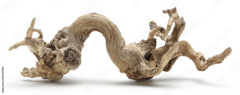 Fototapeta premium Intricate, curved driftwood piece displays natural, organic beauty against a plain white background.