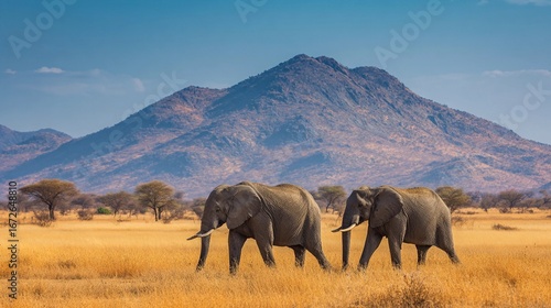 Elephants roam through golden grasslands near mountains during a clear day in a vibrant wildlife landscape