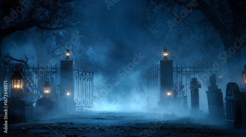 foggy graveyard entrance with lantern lights at night