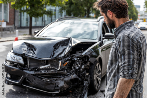 A man looks with anguish at his wrecked car after a collision, the front severely damaged.