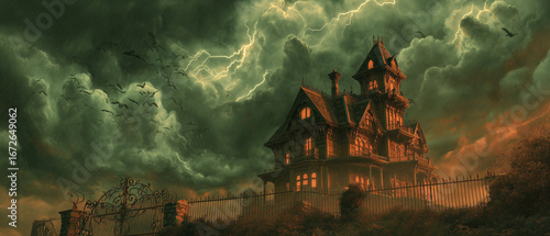 haunted mansion with stormy sky