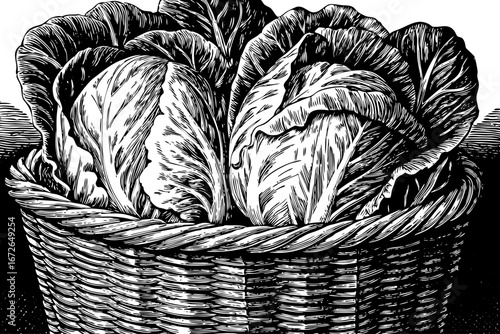 basket holding fresh lettuce with leafy details, natural organic healthy still life, elegant artistic composition black and white sketch
