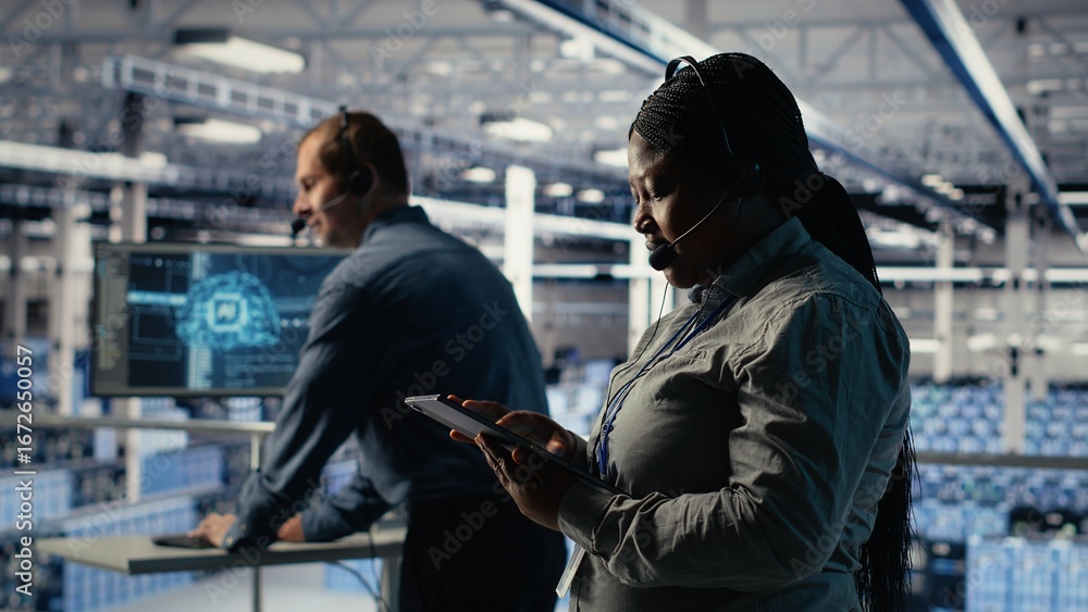 Fototapeta premium Data center system administrator uses AI on tablet to help customers resolve website hosting problems. African american woman in server farm helps users keep online services running smoothly, camera B