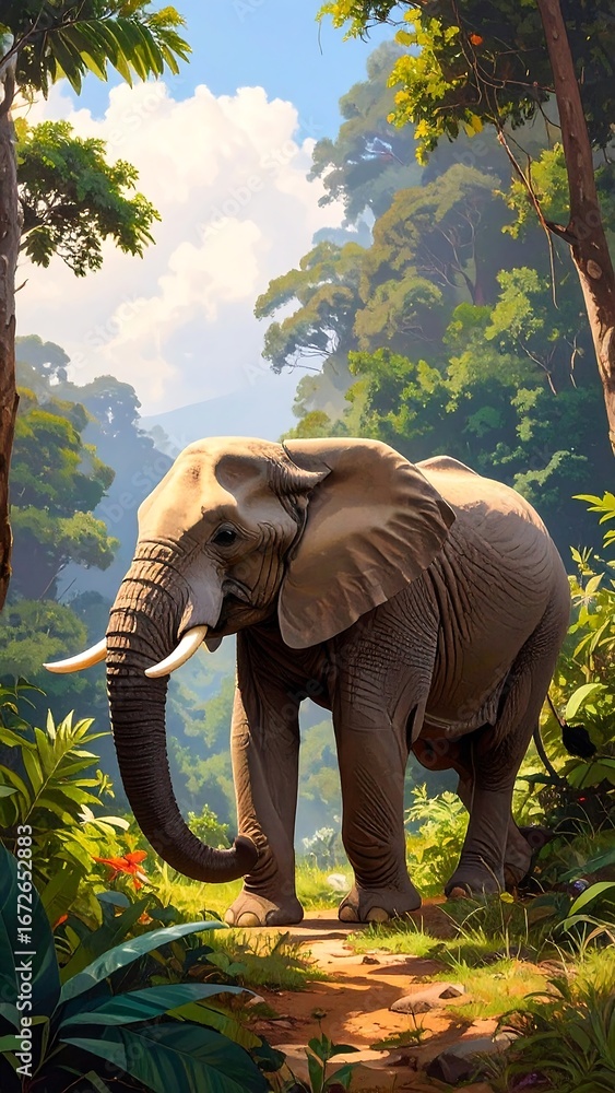 Fototapeta premium A magnificent elephant strolls through a lush, vibrant jungle.