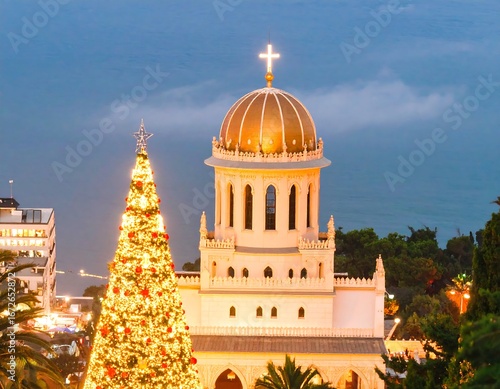 Christmas tree and church at twilight