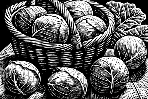 Basket filled with cabbages decorated with leafy branches, rustic organic natural arrangement, traditional still life black and white sketch