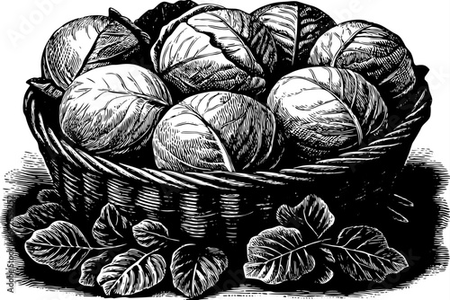 Basket filled with cabbages decorated with leafy branches, rustic organic natural arrangement, traditional still life black and white sketch