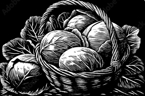 Basket filled with cabbages decorated with leafy branches, rustic organic natural arrangement, traditional still life black and white sketch