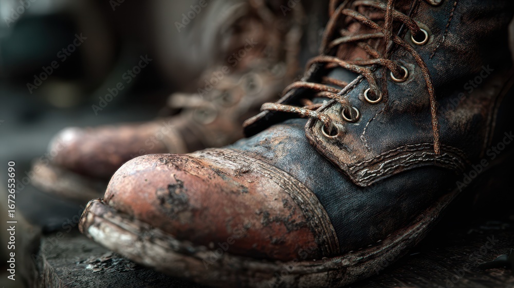 Worn boots resting on a wooden surface, showcasing history and rugged charm in a close-up view Worn boots resting on a wooden surface, showcasing history and rugged charm in a close-up view