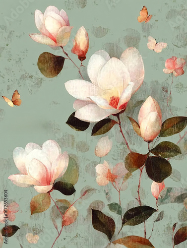 Vintage floral pattern with butterflies in pastel shades. Watercolor painting of white and pink magnolias with leaves on a blue-green background. Delicate and romantic art.
