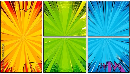 Dynamic multicolor comic book panel layout with radial speedline effects