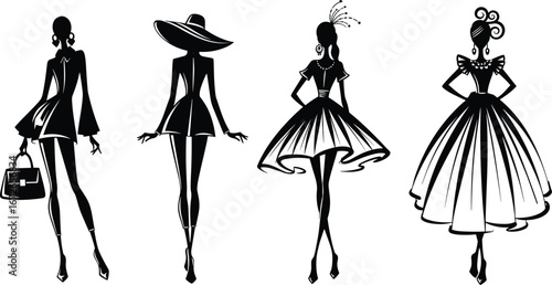 Elegant fashion silhouette vector of stylish women in dresses and hats, high fashion illustration for boutique, runway, design, and apparel branding.