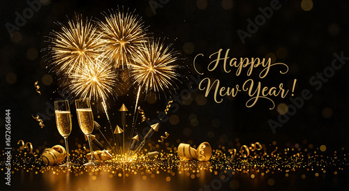 Celebratory fireworks and champagne glasses for New Year's Eve  