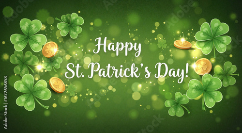 St. Patrick's Day greeting with shamrocks and coins on green background  