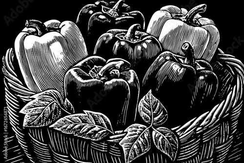 basket with fresh bell peppers decorated with leafy sprigs, organic healthy still life, elegant sketch black and white sketch