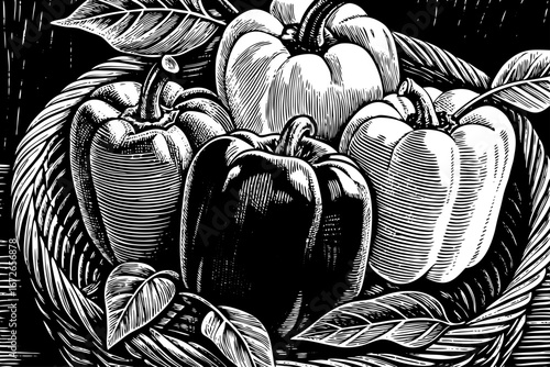 basket with fresh bell peppers decorated with leafy sprigs, organic healthy still life, elegant sketch black and white sketch