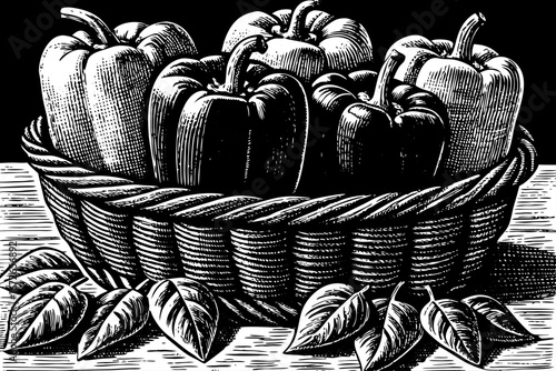 basket with fresh bell peppers decorated with leafy sprigs, organic healthy still life, elegant sketch black and white sketch