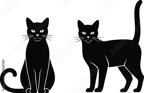 Silhouette of two cats, one sitting and one standing with tail raised, elegant domestic feline vector illustration for pet lovers, animal design and artwork