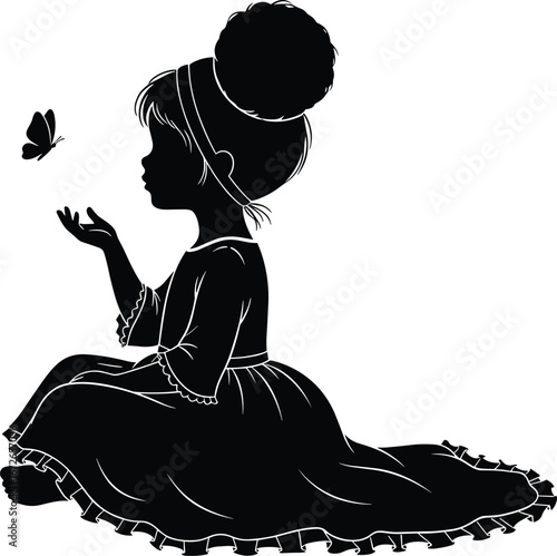 Silhouette vector illustration of little girl in dress sitting with butterfly, child figure artwork, cute young female character design for decoration