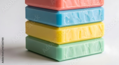 Colorful Soap Bars Stacked in Bright Pastel Shades on White Surface