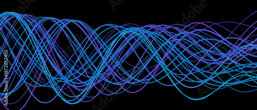 Dynamic vector tech waves in vivid blue and purple on black background.
