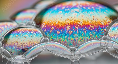 Colorful Soap Bubbles with Iridescent Swirls and Reflective Surface in Close-up