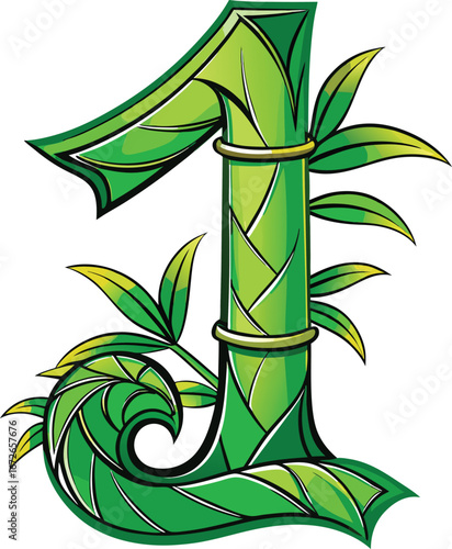 Chinese Singles Festival Elements Bamboo Number One: Stylish Green Tropical Leaf Number Design