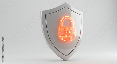 Digital Safety Shield: A gleaming security shield, with a digital padlock, symbolizes robust protection against cyber threats in a modern world.
